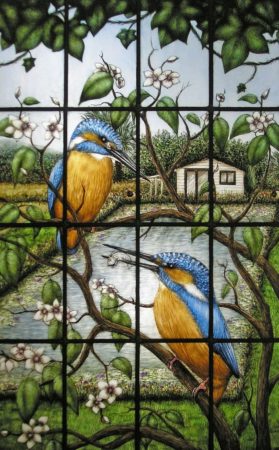 peinture sur verre représentant des martins pêcheurs